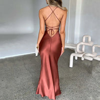 Sexy Spaghetti Strap Satin Dresses Women Elegant Backless Lace Up Mermaid Dress Woman Sleeveless Slim Bodycon Party Long Dress