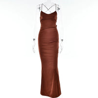 Sexy Spaghetti Strap Satin Dresses Women Elegant Backless Lace Up Mermaid Dress Woman Sleeveless Slim Bodycon Party Long Dress