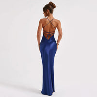 Sexy Spaghetti Strap Satin Dresses Women Elegant Backless Lace Up Mermaid Dress Woman Sleeveless Slim Bodycon Party Long Dress